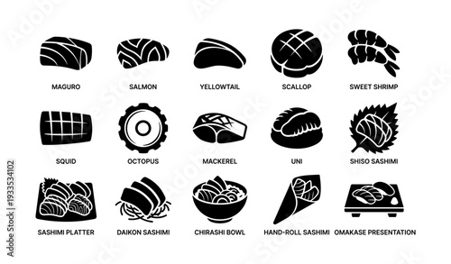 Sushi icons collection: nigiri, sashimi, and bowl varieties