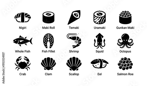 Sushi and seafood icon set: nigiri, maki roll, temaki, squid, octopus, crab, clam, scallop
