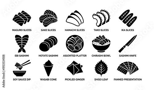 Sushi icons set: maguro, sake, hamachi, tako, ika, ebi, hotate, chirashi, sashimi knife