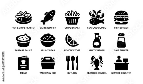 Seafood and fast food icons: fish, chips, burgers, and condiments collection