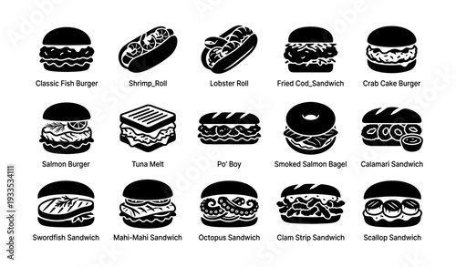 Variety of seafood sandwiches: burgers, rolls, bagel, and sandwich types
