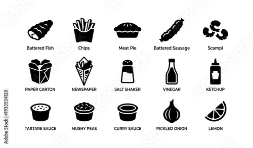 Classic fish and chips icons: fish, chips, pie, sausage, scampi, sauces