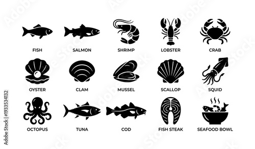 Seafood icons: fish, shellfish, and more illustrations