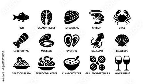 Seafood icons set: fish, shellfish, pasta, and wine pairing symbols for culinary use