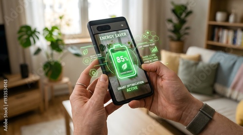 Augmented reality on a mobile device visualizes home energy efficiency, promoting sustainable living and smart resource management within a modern interior