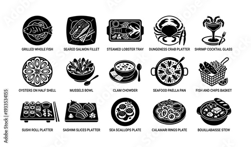 Variety of seafood dishes and platters in black and white icons
