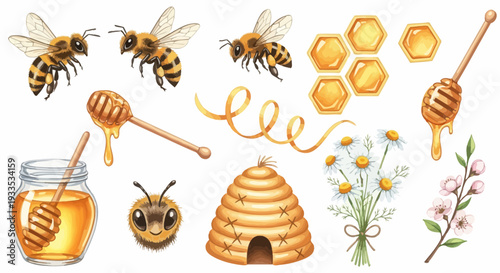 Watercolor bee illustration set with honeycombs flowers and honey dippers