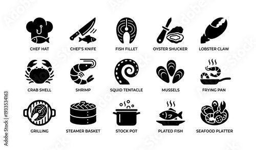 Culinary icons featuring seafood and cooking utensils