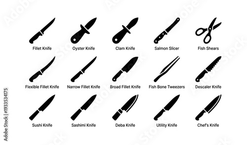 Various types of knives and tools for seafood preparation
