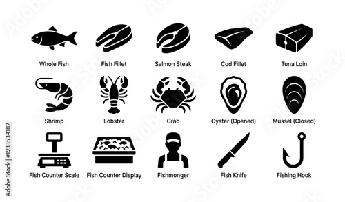 Silhouette icons of seafood cuts and tools including whole fish, shellfish, and market tools