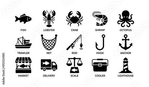 Marine icons set: fish, seafood, fishing tools, and maritime symbols for various uses