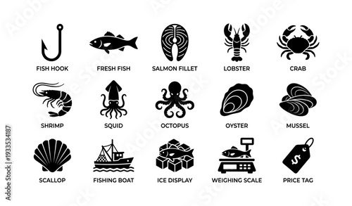 Seafood icons: fish, lobster, crab, squid, octopus, shrimp, shellfish, boat, market