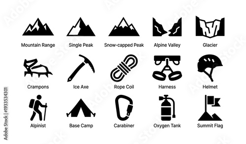 Mountaineering icons collection: peaks, gear, and equipment for outdoor adventures