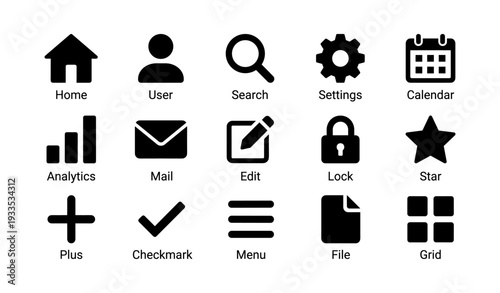 Set of black user interface icons including home, user, search, settings, mail, edit, lock