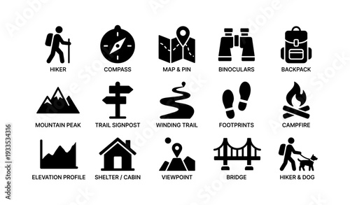 Outdoor adventure icons: hiking, navigation, and camping symbols collection