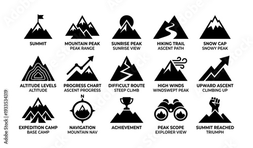 Mountain adventure icons: summit, hiking, expedition, navigation, achievement