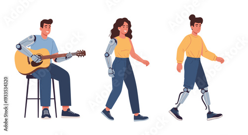 Diverse individuals with prosthetic limbs, including a guitarist and two walkers, are depicted on a clean white background.