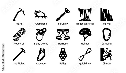 Essential mountaineering and climbing gear icons for safety and adventure