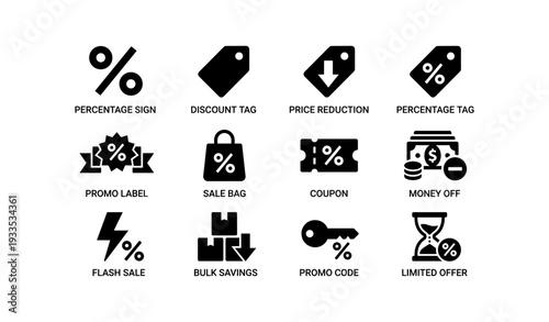 Discount icons collection: percentage, tags, sale, coupon