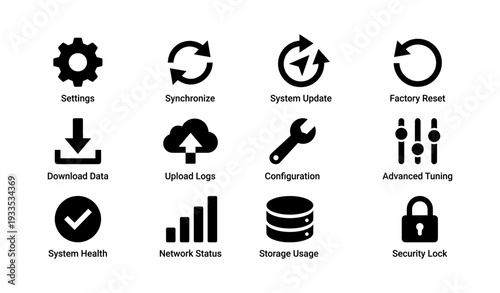 Black silhouette system icons for settings, update, configuration, and security