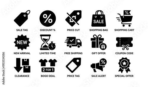 Shopping icons: sale tags, discounts, free shipping, gift offers, coupons