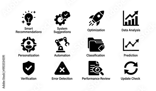 Business icons set representing optimization, data analysis, automation, and more