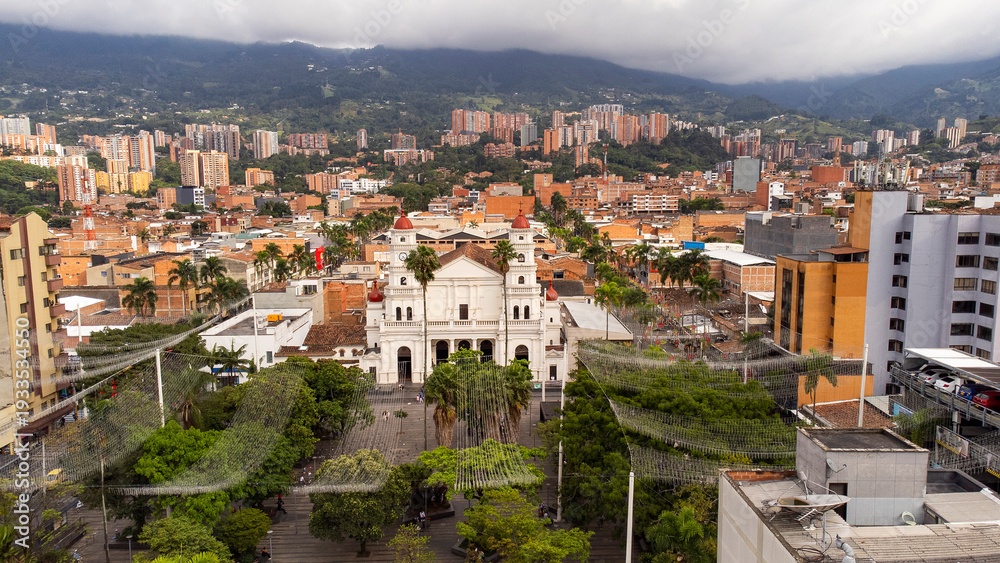 Obraz premium Envigado, Antioquia - Colombia. February 8, 2026. Aerial drone view. Municipality with 246,327 inhabitants.