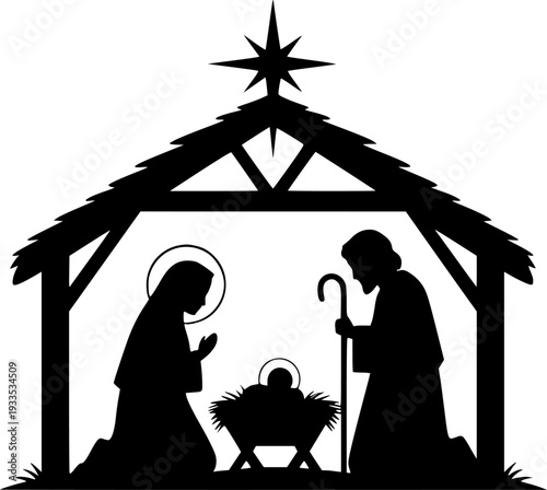 Nativity Scene silhouette vector art black color design and solid white background
