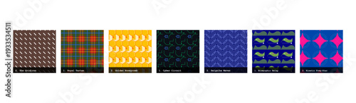 High resolution seamless patterns with bold geometric and organic designs. Vibrant, tileable backgrounds ideal for fabric printing, textile production, wallpaper, packaging, wrapping paper, scrapbook