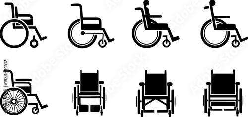 set of black Clean vector icon of a wheelchair silhouette
