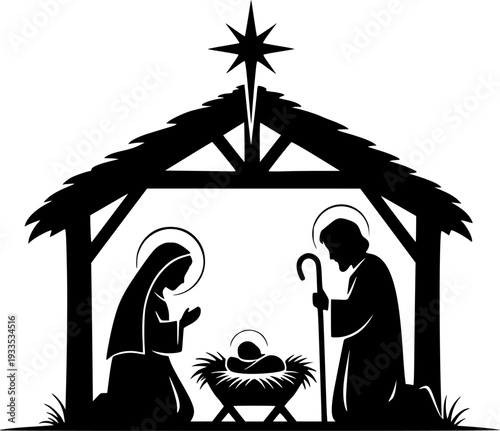 Nativity Scene silhouette vector art black color design and solid white background
