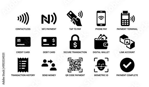Contactless payment icons: nfc, phone pay, secure transactions, digital wallets, qr codes