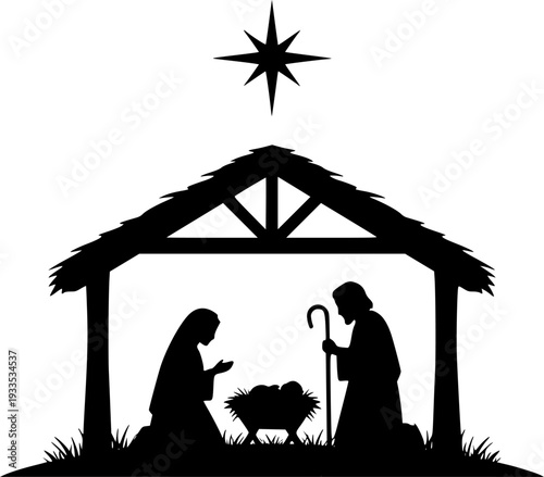 Nativity Scene silhouette vector art black color design and solid white background
