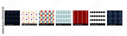 High resolution seamless patterns with bold geometric and organic designs. Vibrant, tileable backgrounds ideal for fabric printing, textile production, wallpaper, packaging, wrapping paper, scrapbook