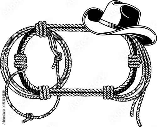 Rope frame with cowboy hat and lasso. Vector wild west illustration isolated on white foe design.
