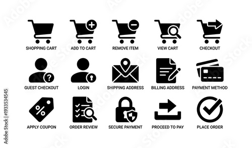 E-commerce icons set: shopping cart, checkout, payment, security, login