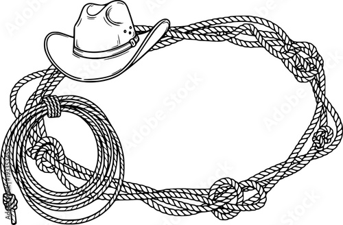 Rope frame with cowboy hat and lasso. Vector wild west illustration isolated on white foe design.
