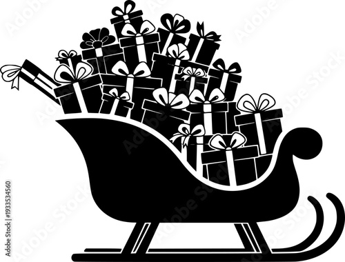 Santa's sleigh loaded with presents icon, a simple black vector silhouette of a traditional Christmas sled carrying wrapped gift boxes with bows
