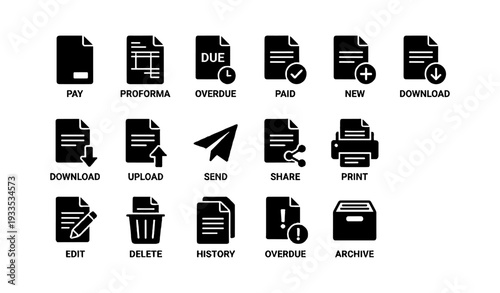 Document management icons: pay, proforma, overdue, paid, new, upload, edit, delete, archive