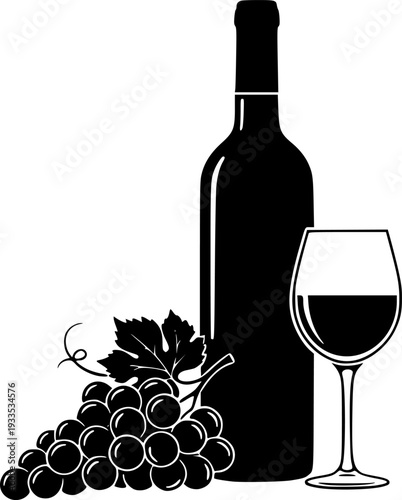 Wine and Grapes Minimalist Vector Illustration, Black and White Enotourism Art
