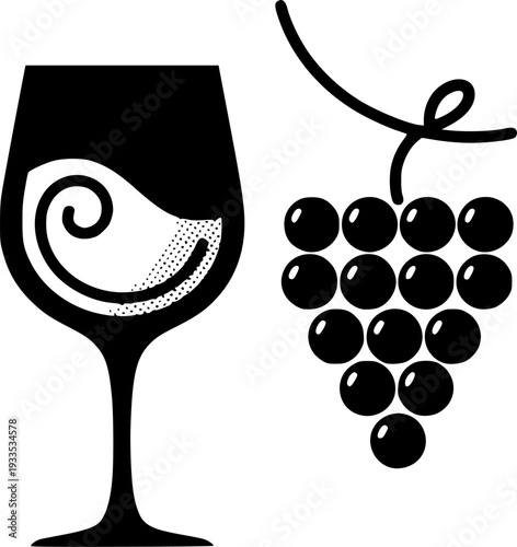 Wine and Grapes Minimalist Vector Illustration, Black and White Enotourism Art
