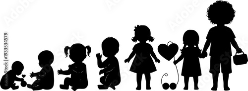 set of silhouettes of baby boy and girl grow up process. baby development, child growth stages. toddler milestones.
