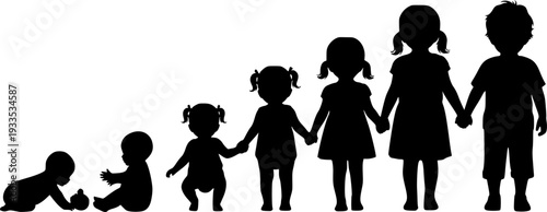set of silhouettes of baby boy and girl grow up process. baby development, child growth stages. toddler milestones.
