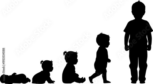 set of silhouettes of baby boy and girl grow up process. baby development, child growth stages. toddler milestones.
