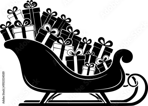 Santa's sleigh loaded with presents icon, a simple black vector silhouette of a traditional Christmas sled carrying wrapped gift boxes with bows
