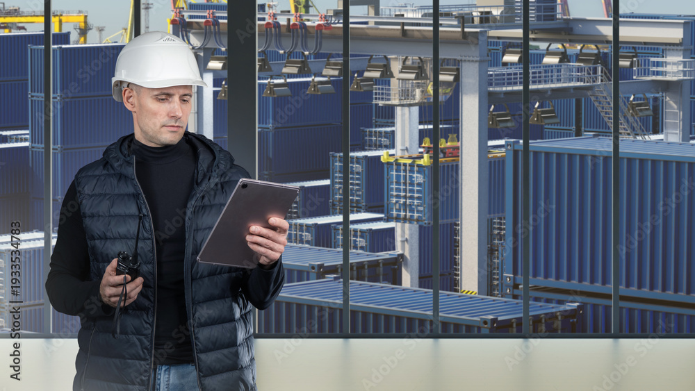 Fototapeta premium Port logistics, container terminal operations. Engineer in hard hat checks cargo data on tablet while overseeing stacked shipping containers and crane equipment.