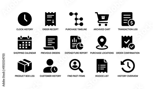 Retail management icons: order receipt, purchase timeline, transaction log, shopping calendar, customer history