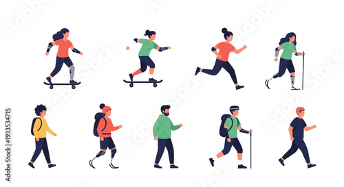 Ten diverse active individuals, including skateboarders, runners, and hikers, are depicted on a white background.