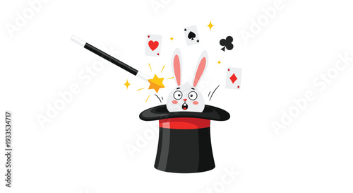 A startled white rabbit emerges from a black top hat, with a magic wand and playing cards on a white background.
