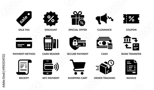 E-commerce icons: sale, discount, payment, shopping cart, order tracking